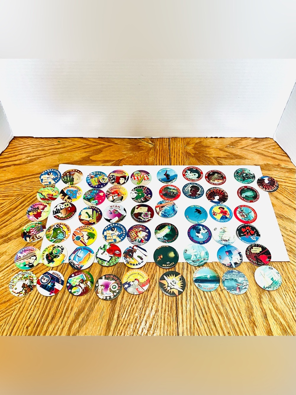Pogs 1990’s Mixed Lot(54) US States World Places Big Top Circus Time Milk Caps